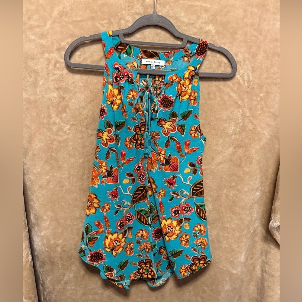 Rose &‎ Olive Teal Floral Blouse size Medium Sleeveless - Picture 2 of 10